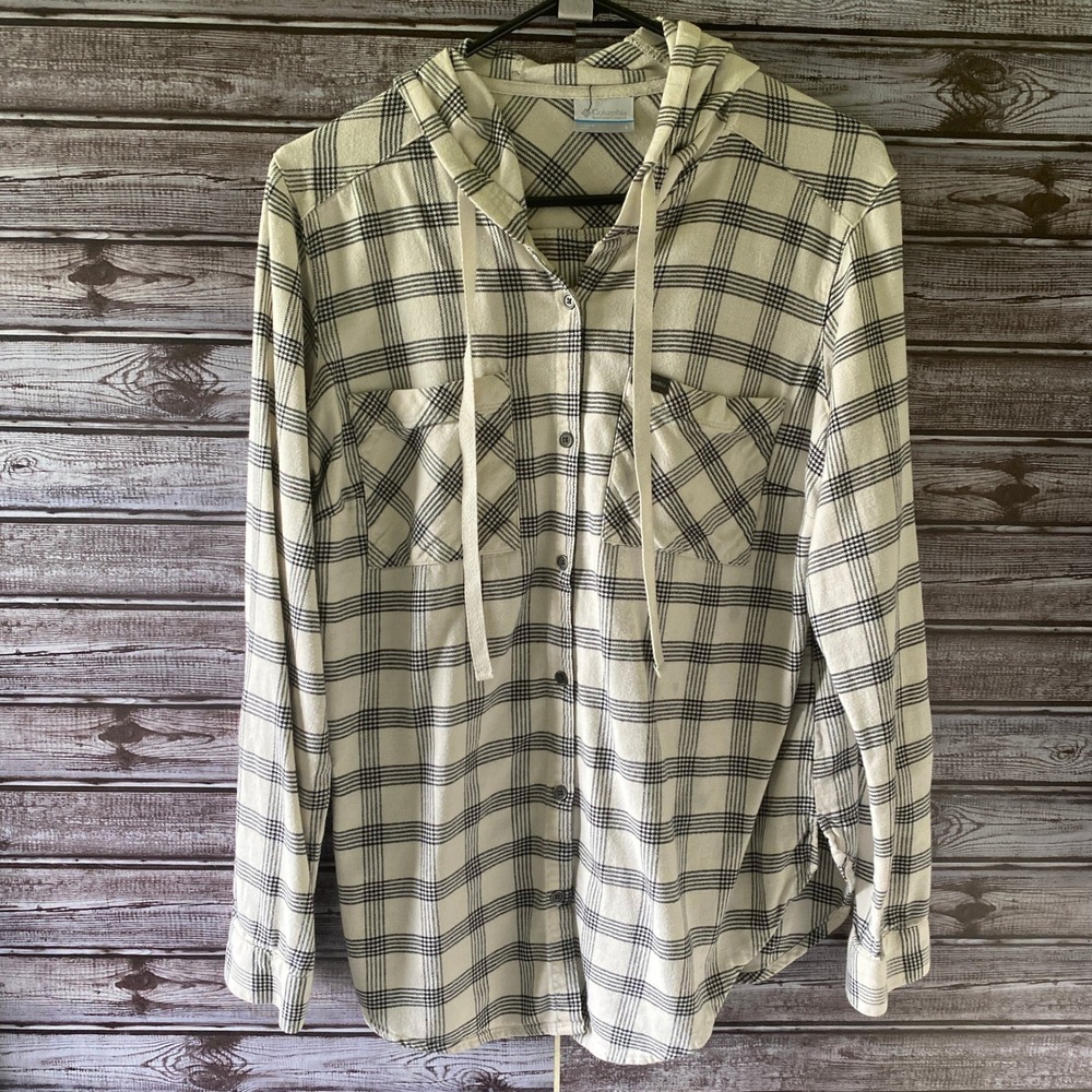 Columbia Women's Long-Sleeved Button-Down Top Size L Plaid Logo Hooded